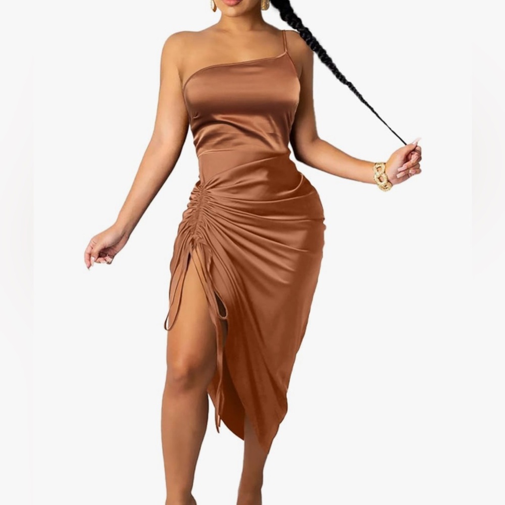 NWT - Women's Satin Dress Spaghetti Strap Drawstring Ruched Cocktail Evening